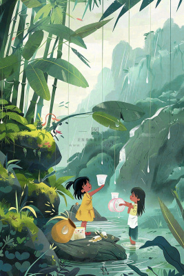 夏天孩子们在森林丛林小溪玩水嬉水处暑夏至卡通插画背景 夏天孩子们在森林丛林小溪玩水嬉水处暑夏至卡通插画背景