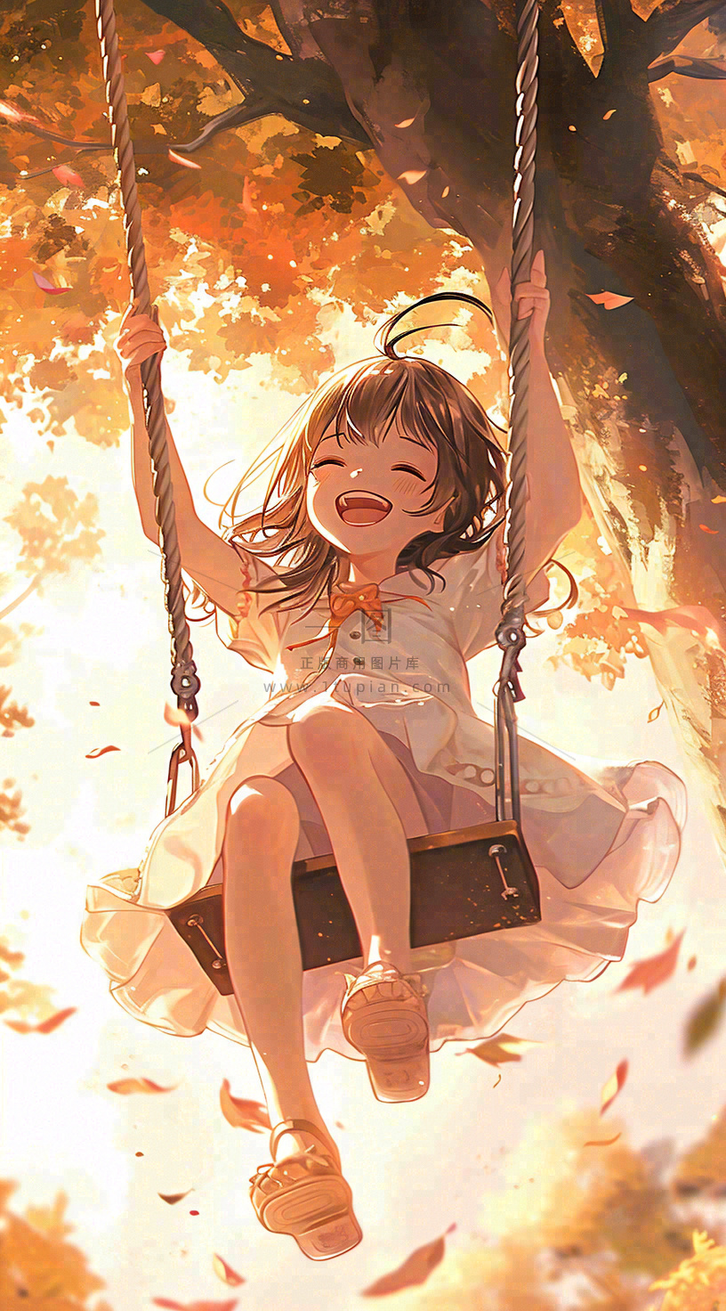 秋天秋叶少女儿童荡秋千玩耍,可爱手绘插画