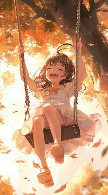 秋天秋叶少女儿童荡秋千玩耍,可爱手绘插画 秋天秋叶少女儿童荡秋千玩耍,可爱手绘插画