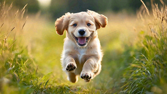 草丛里飞奔的金毛小狗宠物动物摄影图 草丛里飞奔的金毛小狗宠物动物摄影图