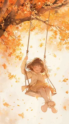 秋天落叶季节少女玩耍荡秋千,秋分儿童 秋天落叶季节少女玩耍荡秋千,秋分儿童