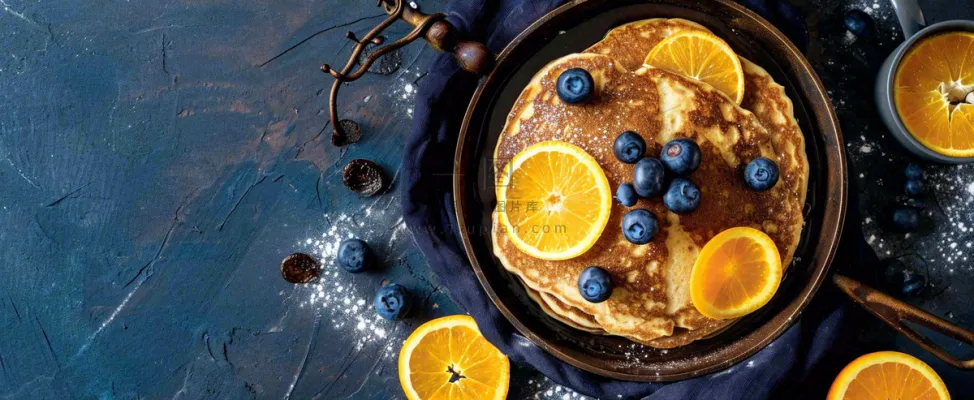 美食简约烤饼蛋糕，巧克力水果橙子摄影图