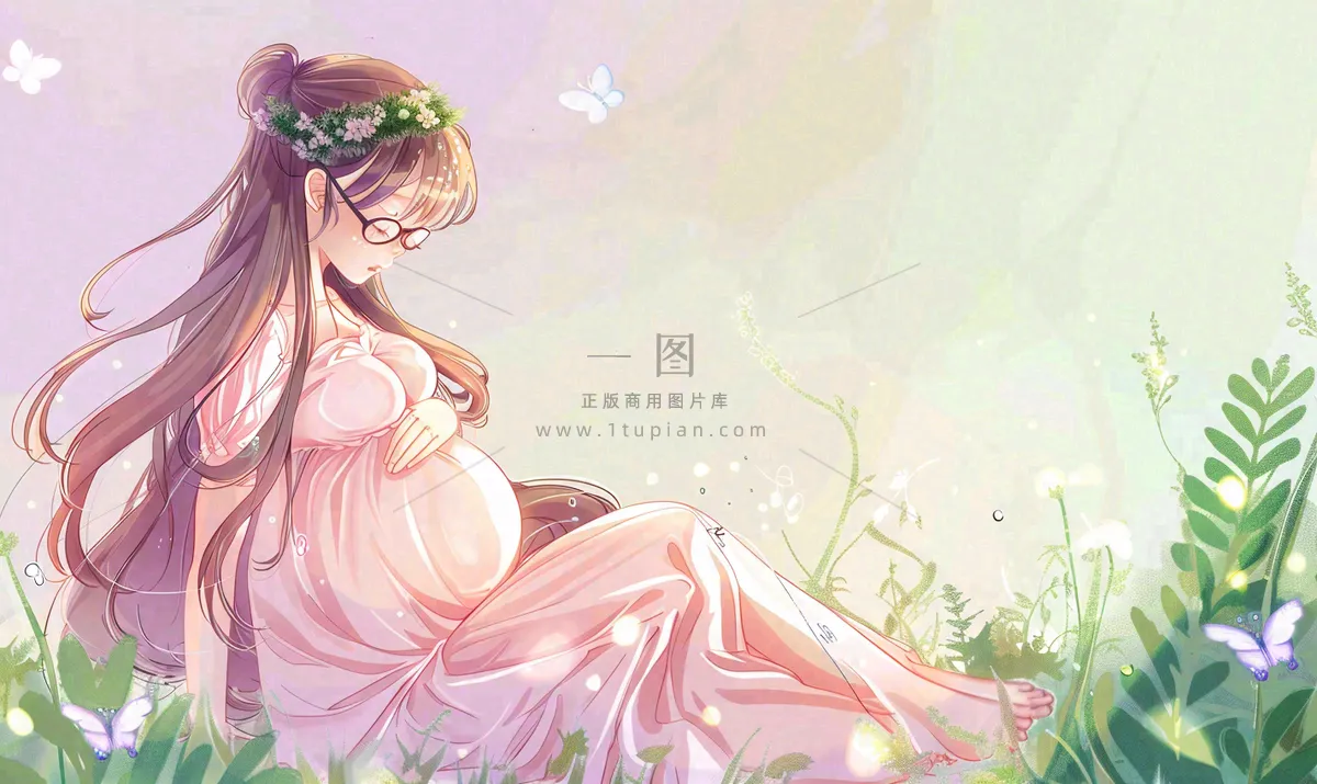 草丛鲜花里的孕妈妈唯美场景母爱母亲节粉色插画背景