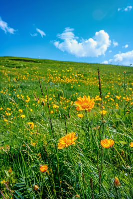 春天草原盛开的鲜花花朵花丛蓝天白云摄影图
