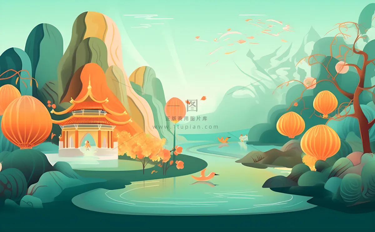 国风山水阁楼古风背景