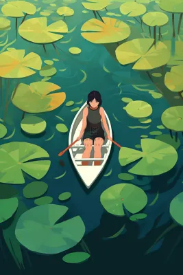 睡莲荷叶湖中划船的少年绿色卡通插画素材 