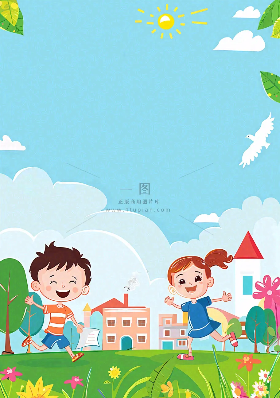 开学季学生们校园生活快乐儿童节卡通插画背景