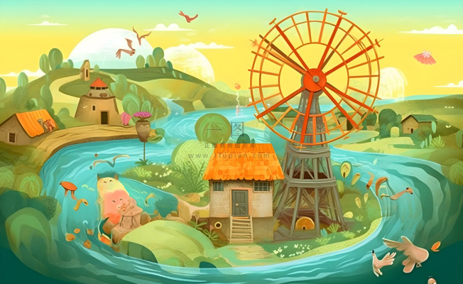 春天田园绿色自然风车水河流畜牧插画素材背景 春天田园绿色自然风车水河流畜牧插画素材背景
