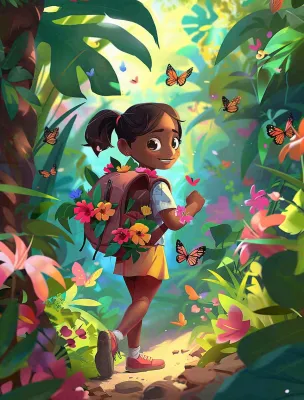 夏天户外森林丛林冒险的青少年背包旅行探险卡通插画背景