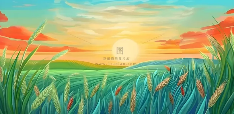 农田庄稼小麦玉米地夕阳晚霞绿色背景