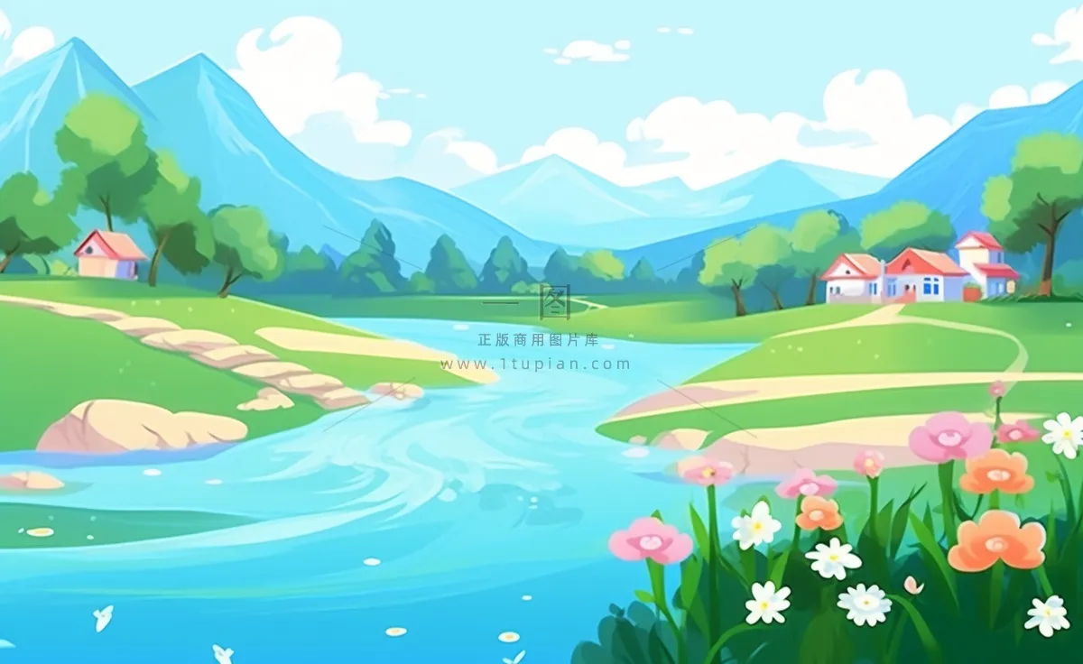 乡村村庄美丽风景河流插画农田插画背景