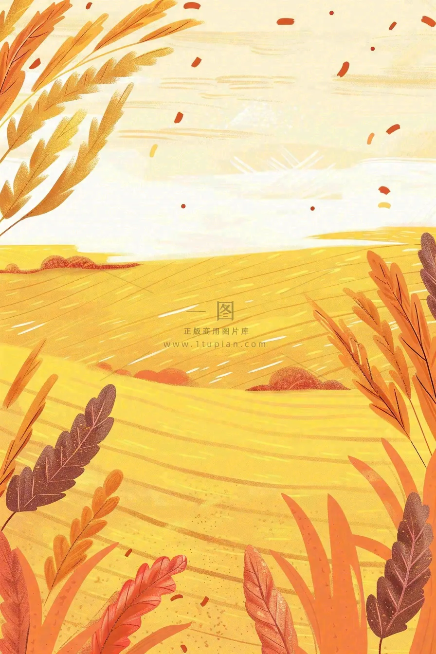 秋天金黄的麦田小麦黄树秋风丰收的季节立秋秋分卡通插画背景