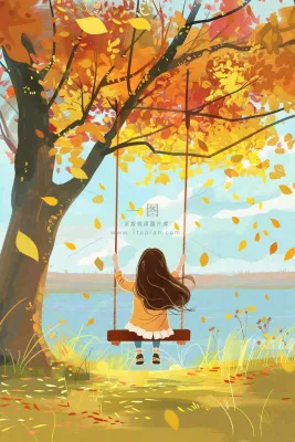 秋天湖泊大树下荡秋千的女孩落叶立秋秋分卡通插画背景 秋天湖泊大树下荡秋千的女孩落叶立秋秋分卡通插画背景