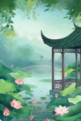 夏日江南苏式园林荷花池塘凉亭树荫阳光立夏夏至处暑插画背景