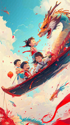 海面上龙船开船手绘插画，孩子人物，蓝天白云古风