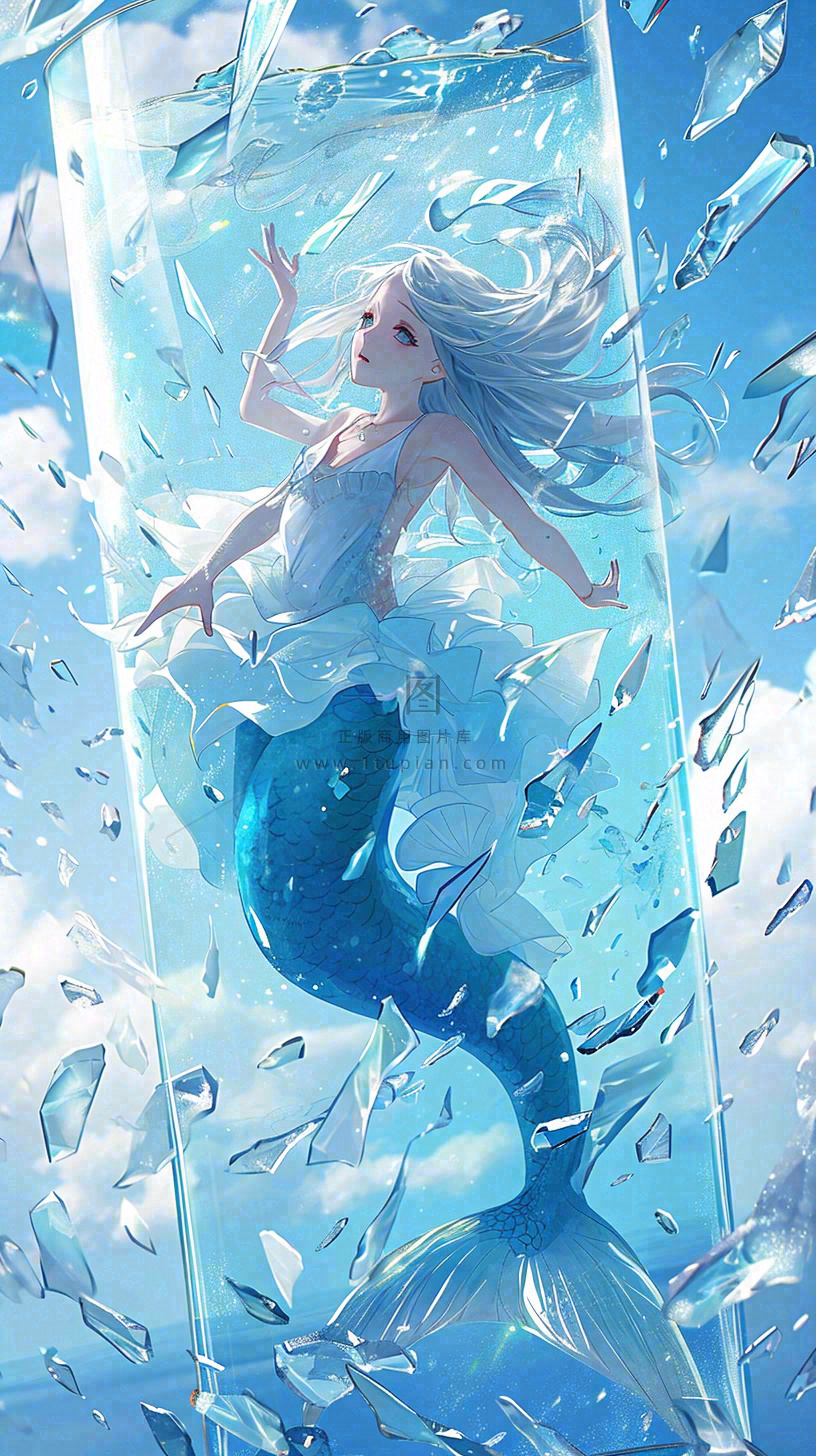 蓝色水面美人鱼,鱼类少女动漫漫画手绘插画