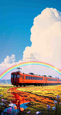 蓝天白云户外铁路草地彩虹手绘,色彩缤纷 蓝天白云户外铁路草地彩虹手绘,色彩缤纷