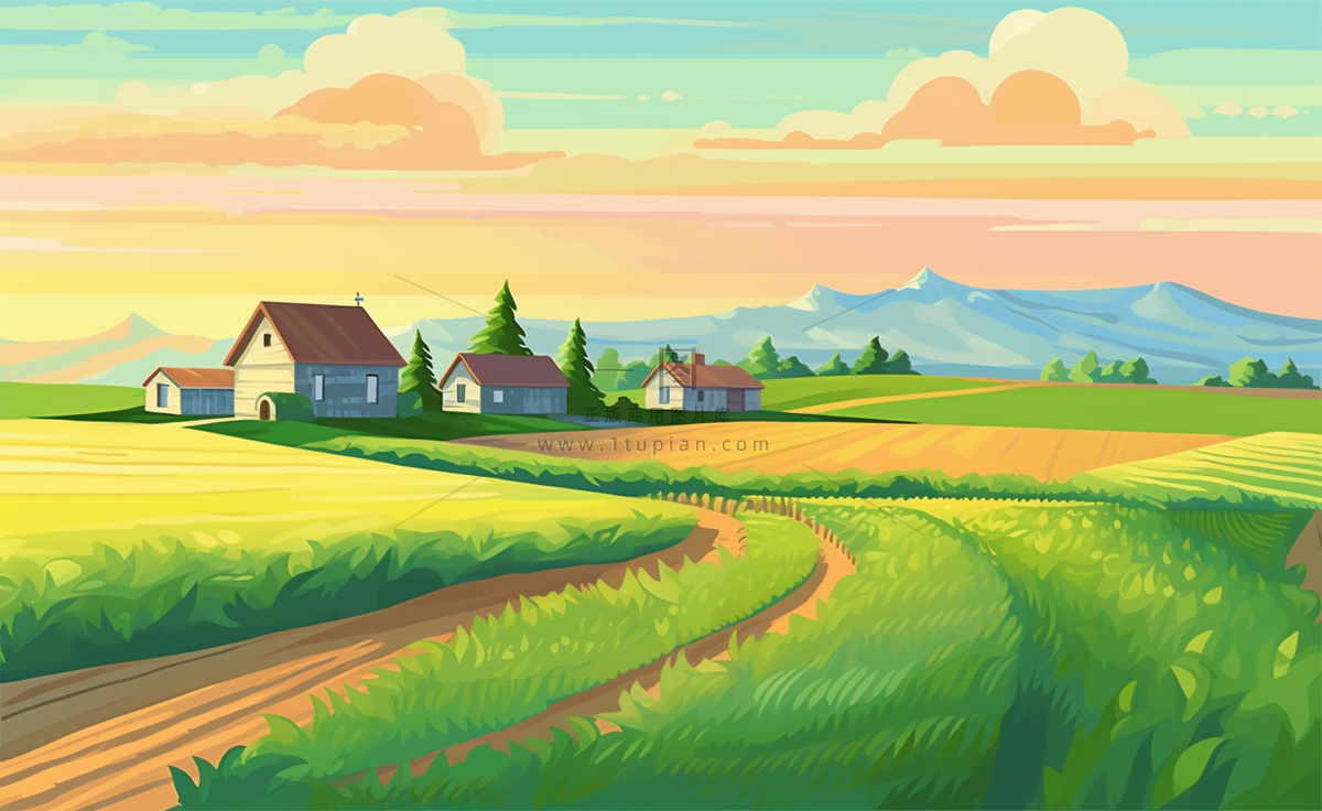 乡村村庄美丽风景河流插画农田插画背景