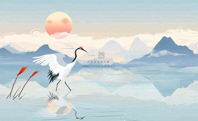 唯美白露仙鹤鸟山水风景秋天芦苇日落日出秋天插画背景