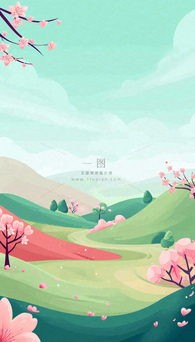春天卡通手绘绿色的山景和开满粉红色画的树,春游,踏青,春分