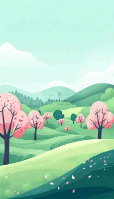 春天卡通手绘绿色的山景和开满粉红色画的树，春游，踏青，春分