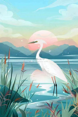 秋日芦苇荡的白鹭湖泊山水日落白露寒露插画背景 秋日芦苇荡的白鹭湖泊山水日落白露寒露插画背景