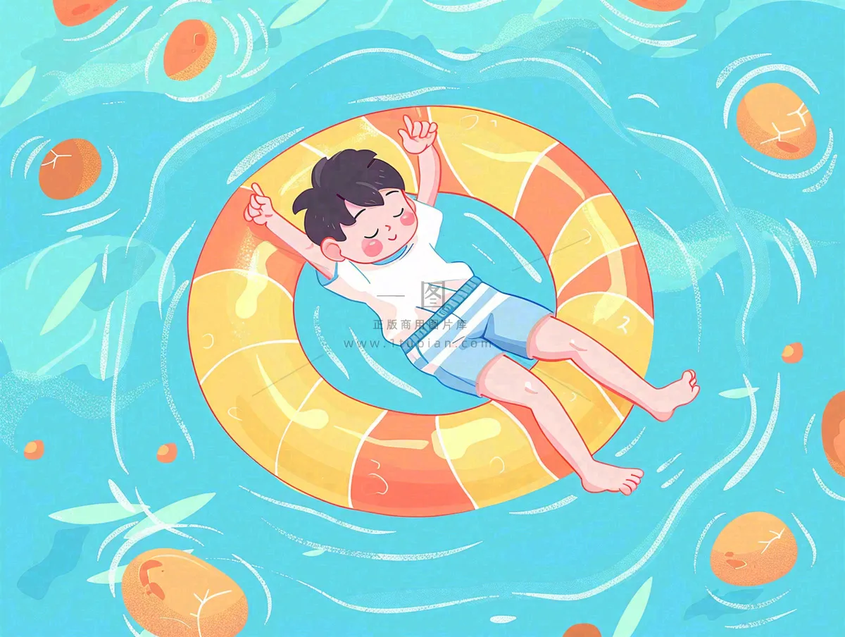 夏天游泳泳池人物游泳男孩蓝色背景泳圈夏日运动小暑大暑夏至立夏卡通插画背景