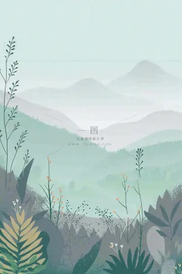青绿山脉树木小草扁平插画手绘