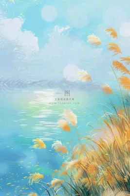 水彩芦苇荡山水画古风中国风白露插画寒露处暑背景 水彩芦苇荡山水画古风中国风白露插画寒露处暑背景