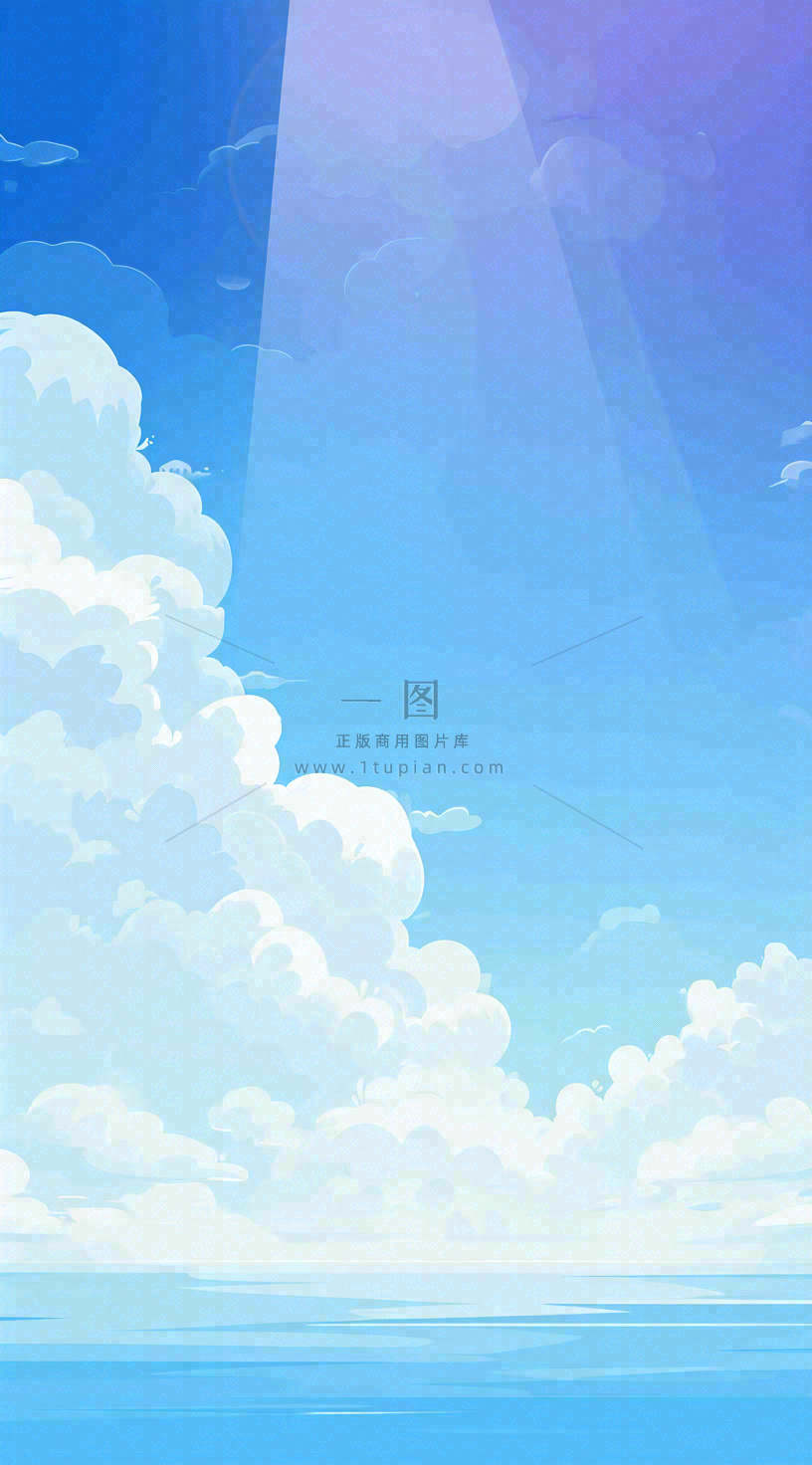 粉蓝渐变天空白云简约温馨,阳光海面海洋扁平插画