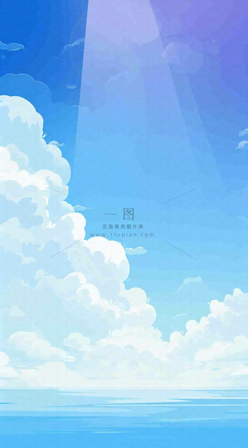粉蓝渐变天空白云简约温馨，阳光海面海洋扁平插画