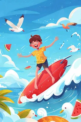 夏日炎热冲浪运动男孩西瓜清凉海鸥立夏夏至小暑大暑卡通插画背景