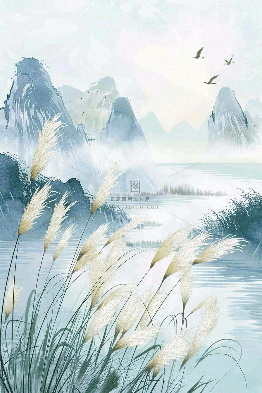 山水水墨芦苇白鹭古风白露寒露处暑插画水彩画背景