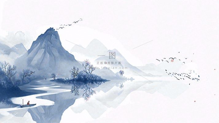 山水画简约白色河面插画手绘，中国风古风