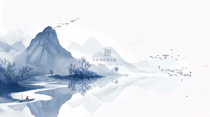 山水画简约白色河面插画手绘,中国风古风 山水画简约白色河面插画手绘,中国风古风