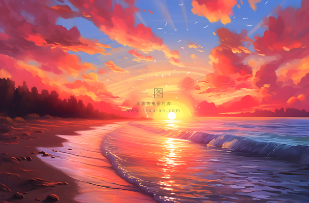 夕阳西下日落多云的天空洋溢着青春活力的风插画背景