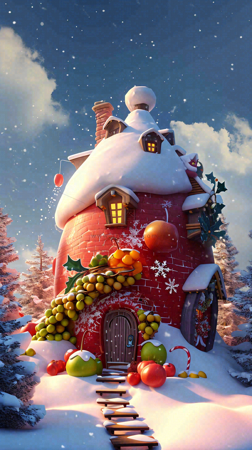 冬天苹果红色雪屋雪地雪花,圣诞节可爱卡通