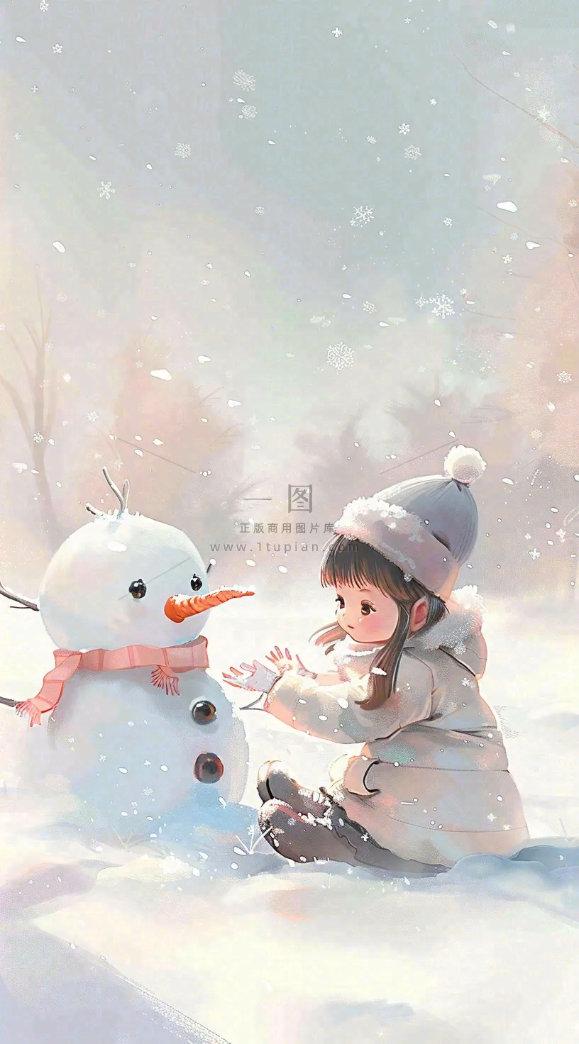 冬季白雪地堆雪人的小女孩可爱唯美大雪小雪冬至卡通插画背景