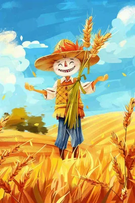 农场农田里的稻草人小麦麦穗秋收粮食芒种立秋秋分卡通插画背景
