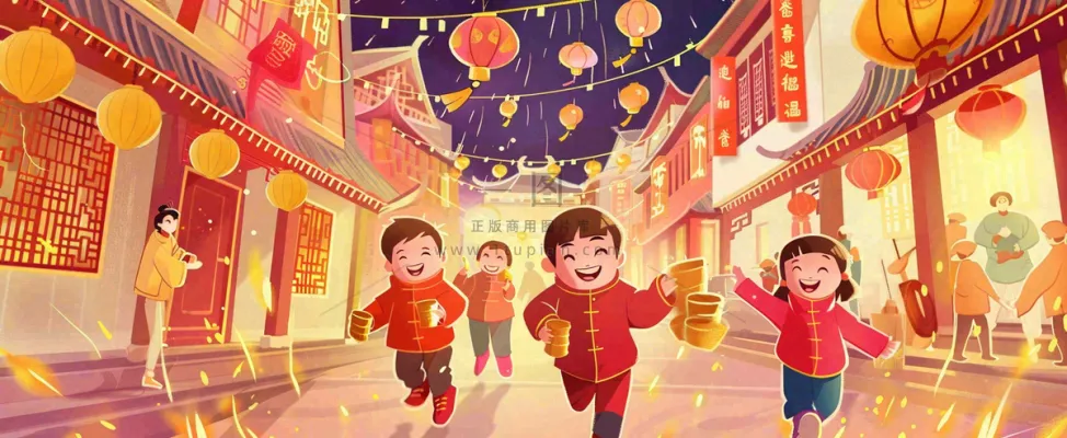 新年热闹街道儿童玩耍喜乐走街串巷灯笼烟花春节小年除夕夜元宵节国潮风插画背景