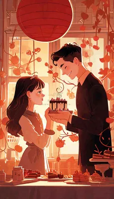 情人节情侣浪漫圣诞节日温馨生日会,插画手绘,居家餐厅美食 情人节情侣浪漫圣诞节日温馨生日会,插画手绘,居家餐厅美食