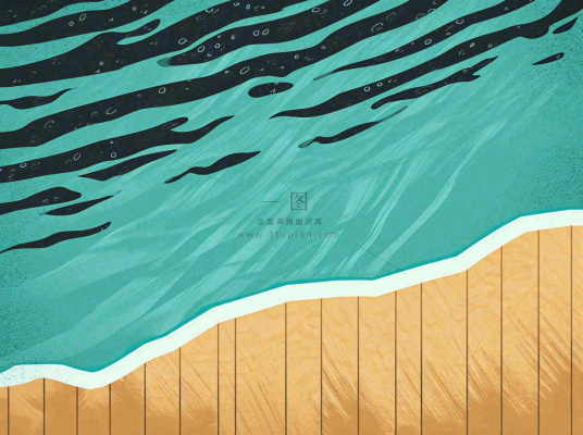 海边清爽扁平条纹插画手绘，海浪夏日