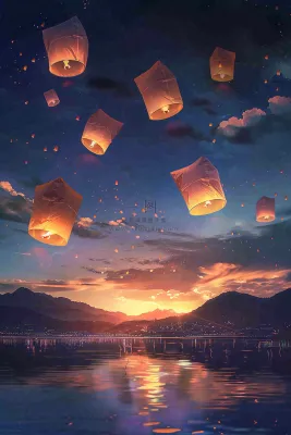 夜晚点灯孔明灯祈福中元节寒衣节插画背景