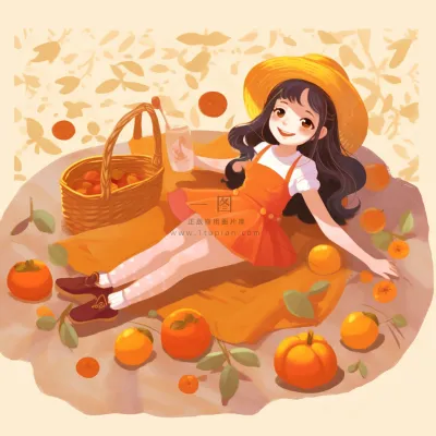 野餐垫上的女孩水果玩耍开心橙色插画素材背景