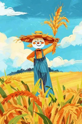 农场农田里的稻草人小麦麦穗秋收粮食芒种立秋秋分卡通插画背景