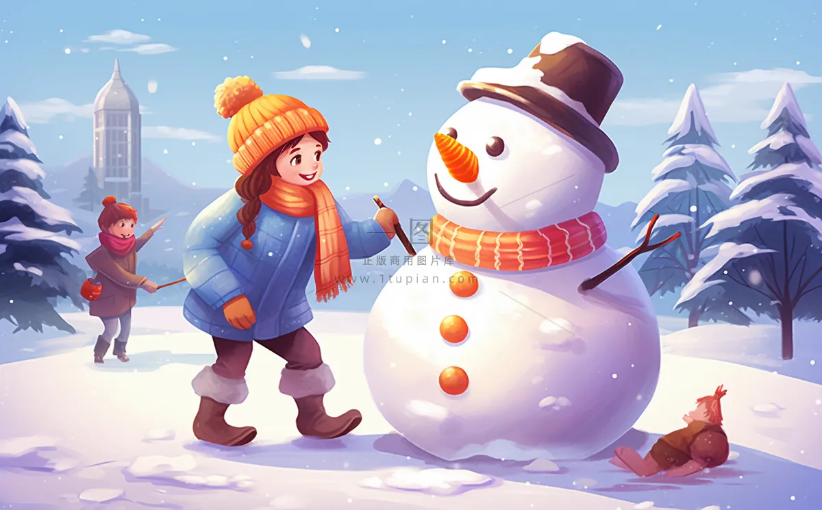 冬季下雪堆雪人孩子们儿童卡通插画背景