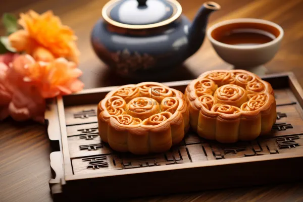 中秋木质托盘餐具上摆放着的月饼和茶壶杯子摄影图