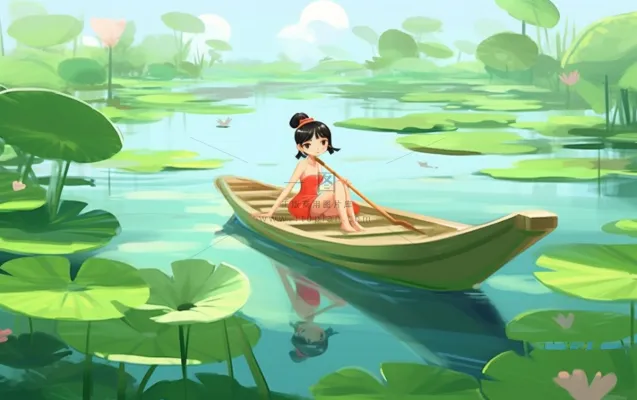 湖泊划船睡莲风光插画背景 湖泊划船睡莲风光插画背景