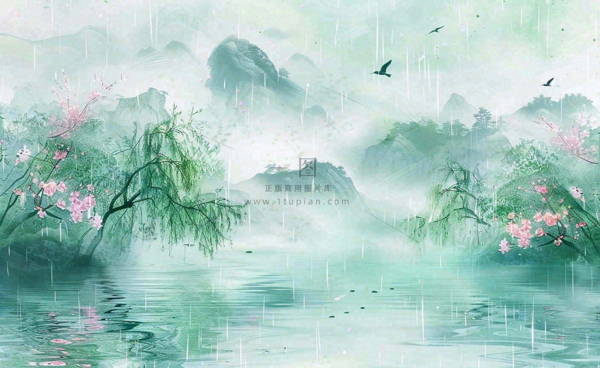春天桃花柳树燕子清明山水国画中国风古风水雨水谷雨背景
