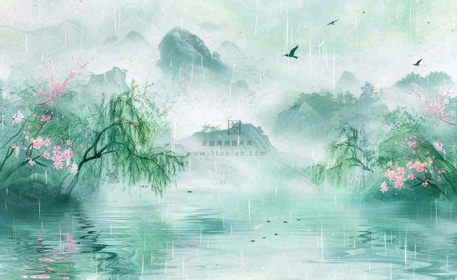 春天桃花柳树燕子清明山水国画中国风古风水雨水谷雨背景 春天桃花柳树燕子清明山水国画中国风古风水雨水谷雨背景